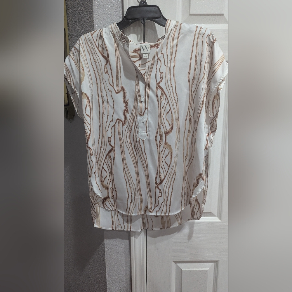 Worthington Marble-Print Button Front Blouse - White & Brown